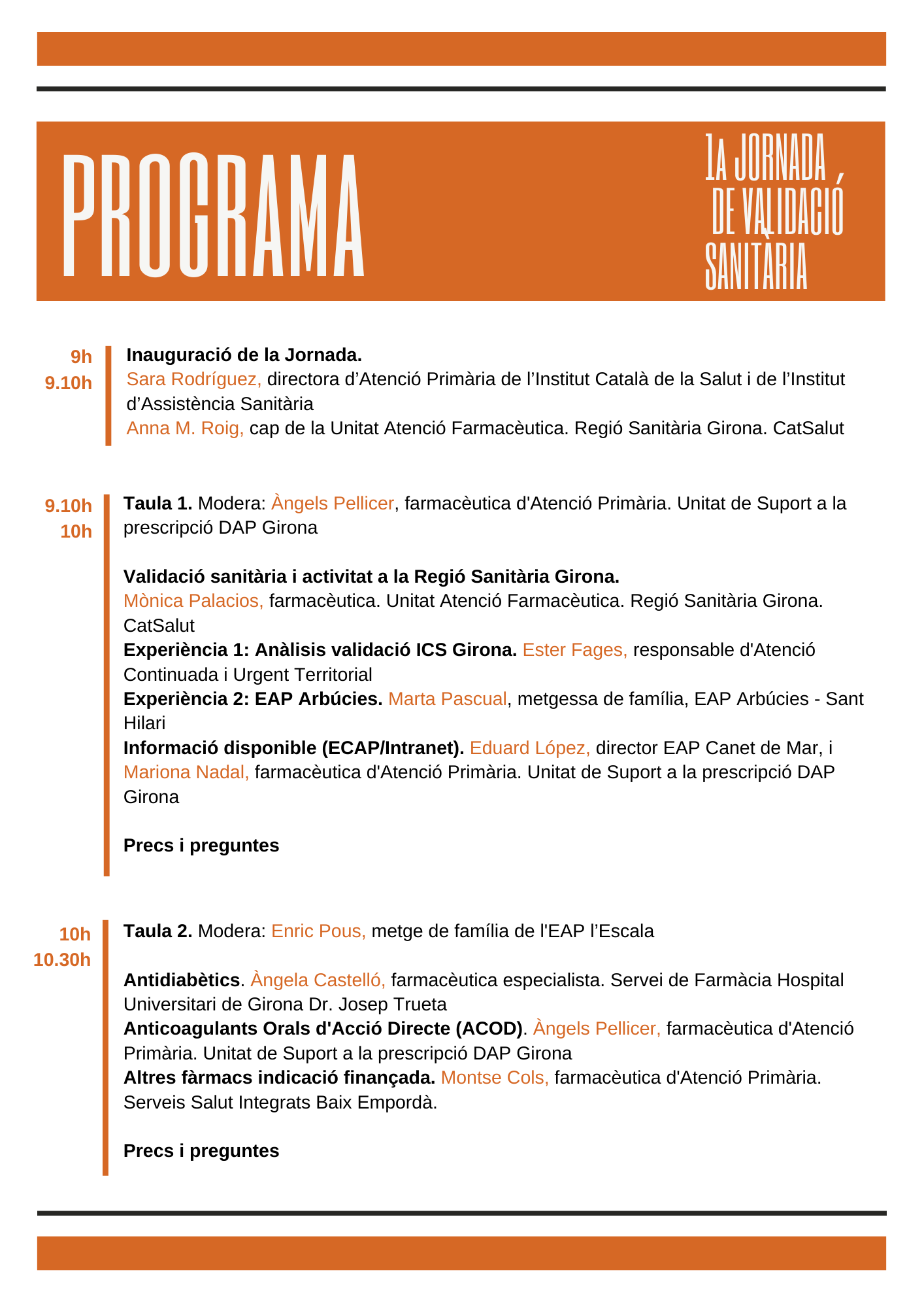 Programa de la 1ª Jornada de Validació Sanitària