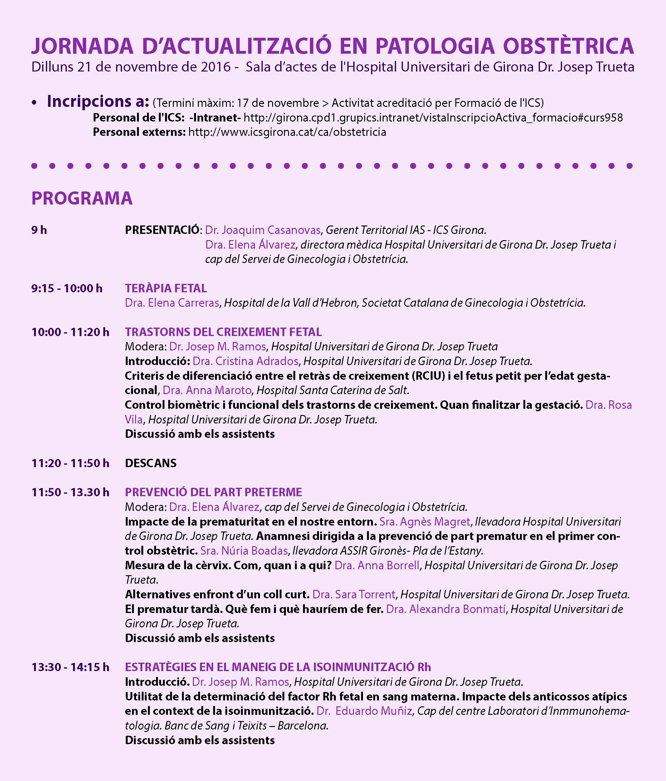 Programació Jornada d'Actualització en Patologia Obstètrica