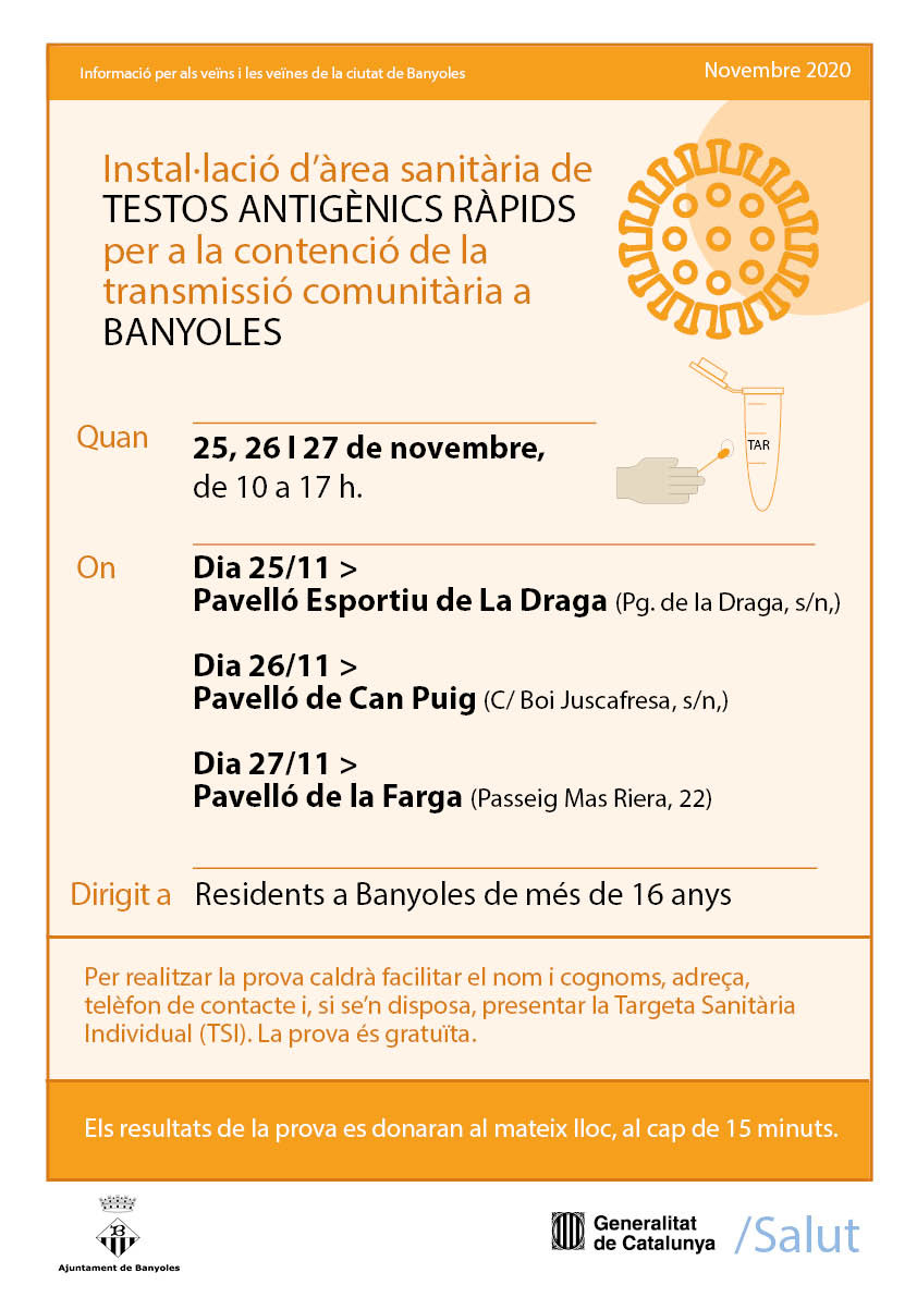 Cartell amb les dates i espais de les proves de testos antigènics ràpids a la ciutat de Banyoles