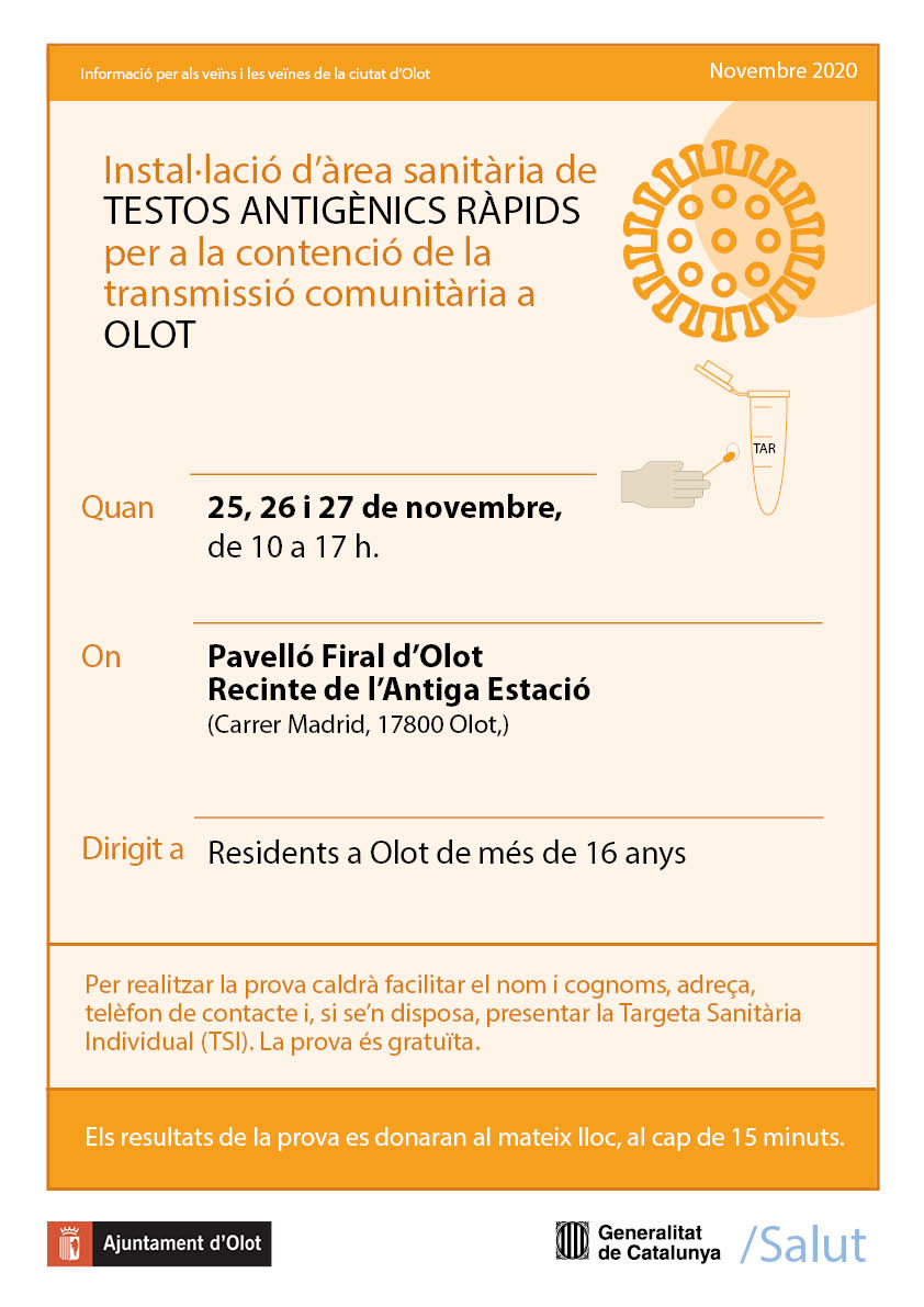 Cartell amb les dates i espais de les proves de testos antigènics ràpids a la ciutat d'Olot